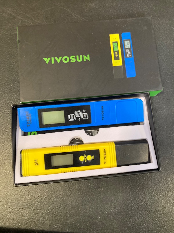 Photo 1 of VIVOSUN Digital pH and TDS Meter Kits, 0.01pH High Accuracy Pen Type pH Meter ± 2% Readout Accuracy 3-in-1 TDS EC Temperature Meter for Hydroponics, Pool and Aquarium, Yellow Blue, UL Certified