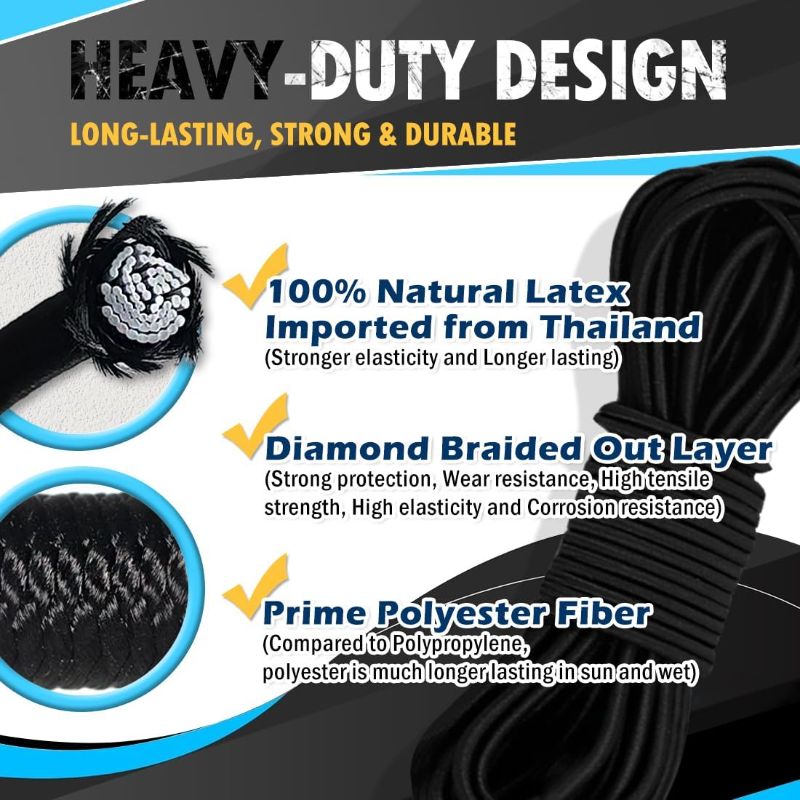 Photo 1 of PerkHomy 1/8" x 50' Bungee Shock Cord Rope Marine Grade Heavy Duty Polyester Bungie Elastic Stretch String for Kayak Strap Tarp Tie Down Canopy Boating Camping Tent Crafting Patio (Black)