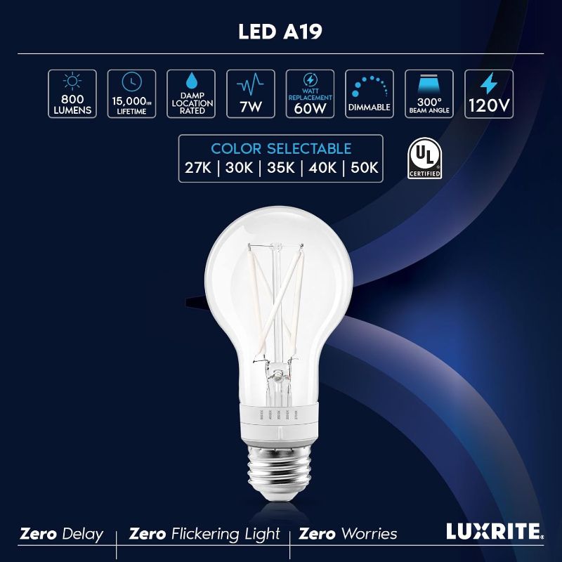 Photo 1 of LUXRITE Vintage A19 LED Light Bulb 60 Watt Equivalent, 5CCT 2700K 3000K 3500K 4000K 5000K, Dimmable, 800 Lumens, White Filament LED Edison Light Bulb 7W, UL Listed, E26 Base 
