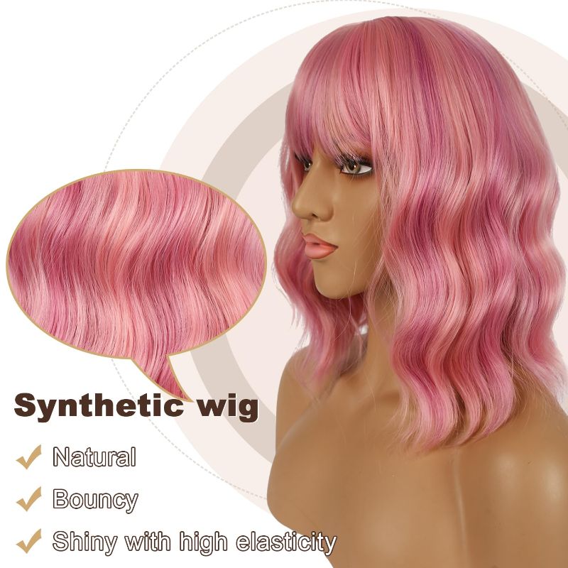Photo 1 of LANCAINI Short Bob Wigs with Bangs for Women Loose Wavy Wig Curly Wavy Shoulder Length Bob Synthetic Cosplay Wig for Girl Colorful Costume Wigs (PINK)