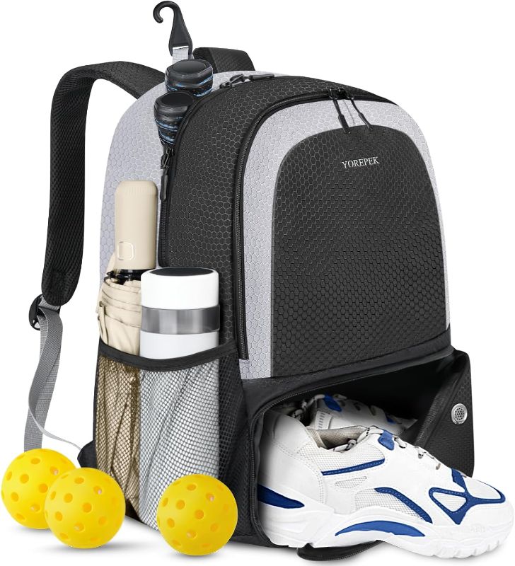 Photo 1 of YOREPEK Pickleball Bag Backpack with Shoe Compartment, Fence Hook for Men Women, Large Capacity Pickleball Paddle Bags Hold Paddles, Clothes Shoes and Accessories
