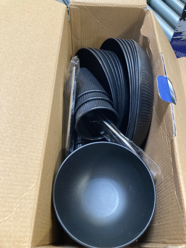 Photo 1 of Wheat Straw Dinnerware Sets,48-Piece Black Plates and Bowls Sets for 6-Unbreakable,Reusable Plastic Dish Set-Dinner Plate/Dessert Plate/Cereal Bowl/Cup/Utensils-Microwavable Dishwasher Safe 48P-Black