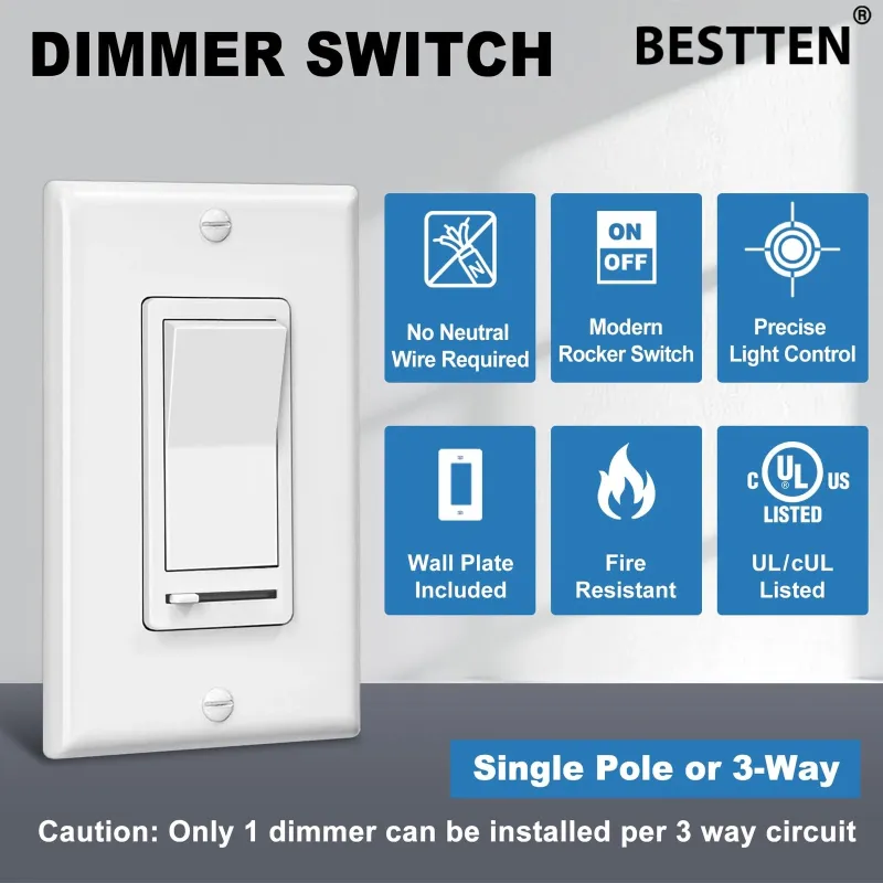 Photo 1 of BESTTEN  Dimmer Light Switch, Compatible with LED Dimmable Lamp, CFL, Incandescent, Halogen Bulb, Single Pole or 3 Way LED Slide Dimmer Switch, Decorator Wall Plate Included, UL Listed, White