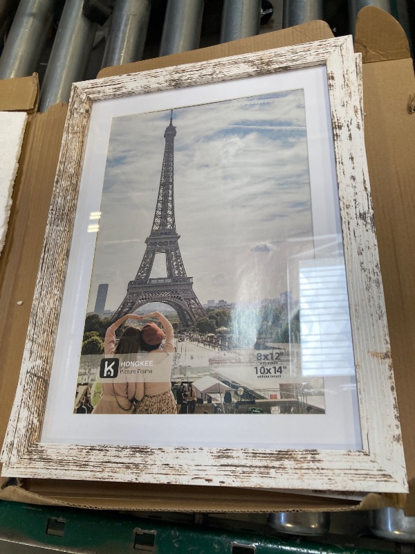 Photo 1 of Hongkee 10x14 Picture Frame Set of 2, Made of Glass and Distressed White Wooden Frame, Display 8x12 Pictures with Mat or 30 x 40cm Diamond Painting Art without Mat for Wall Mounting, Gallery Photo Frames