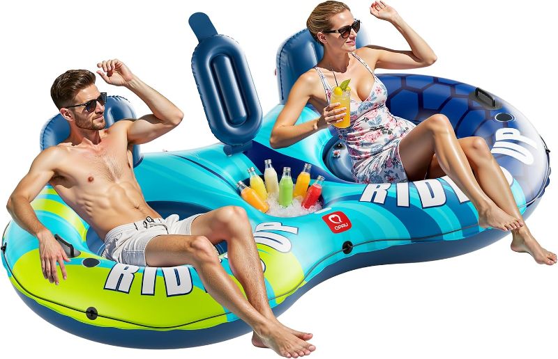 Photo 1 of QPAU Inflatable Double River Tube, 2 Person 660lb Capacity, Puncture-Resistant" Sturdy Heavy Duty River Float, River Raft with Ergonomic Backrest, Cooler & Cup Holders for Family
