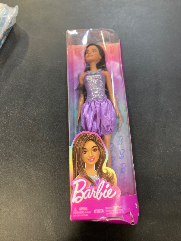 Photo 1 of Barbie Fashionistas Doll #234 with Brown Hair, Wearing Sequined Purple Bubble Dress with Satiny Skirt, Silvery Necklace and Heels
