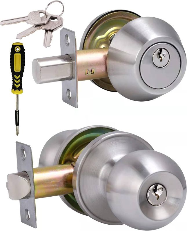 Photo 1 of (1Set) All Keyed Same Entry Door Knob and Single Cylinder Deadbolt Combo Set, Satin Nickel Exterior Door Knobs with Lock and Keys for Entrance and Front Door