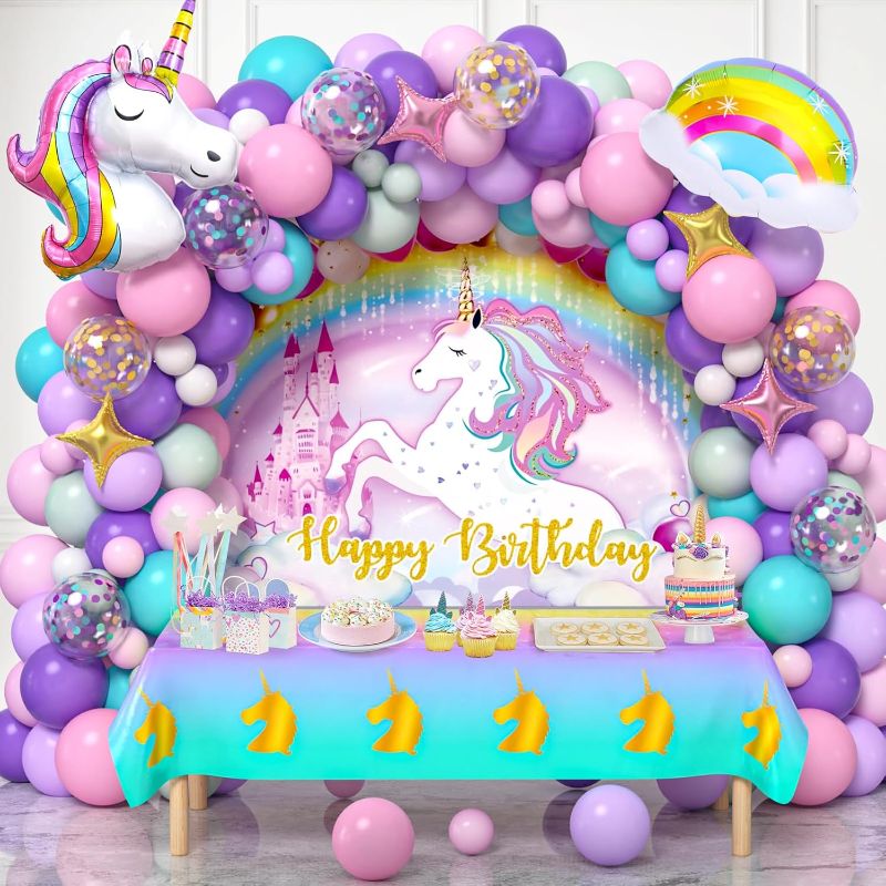Photo 1 of Winrayk 144Pcs Purple Unicorn Party Decorations Birthday Supplies for Girls, Purple Pink Blue Balloon Arch Kit with Backdrop Tablecloth Foil Balloons, Kids Rainbow Unicorn Themed Birthday Decorations

