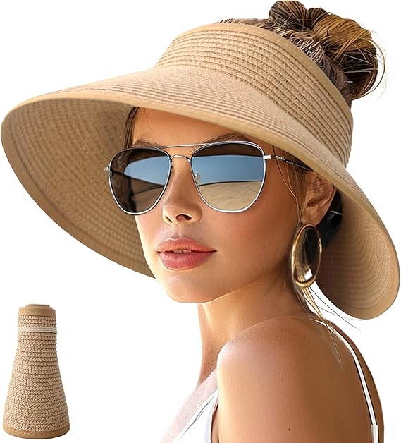 Photo 1 of NPJY Sun Hats for Women Wide Brim Roll-Up Beach Ponytail Hat Packable Foldable Travel Straw Visor