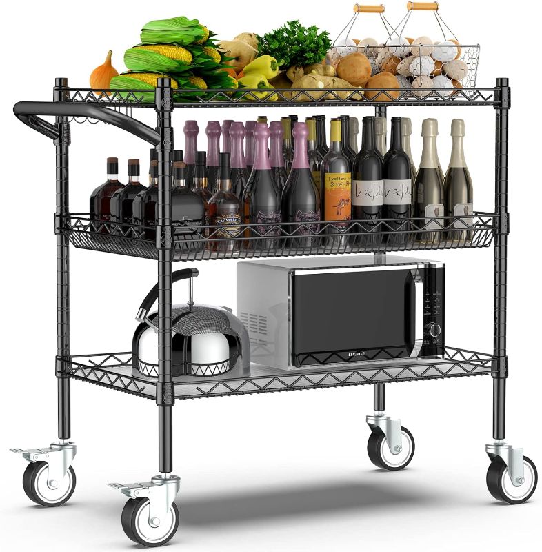 Photo 1 of Leteuke Rolling Kitchen Carts with Wheels, 34" L x 17.5" W, 3-Tier Heavy Duty Utility Cart with Wood Tabletop, NSF Commercial Metal Serving Cart with Handle and Shelf Liner for Kitchen , black