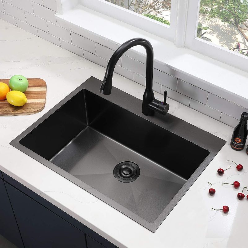 Photo 1 of SHACO 33x22 Black Drop In Kitchen Sink, 33 Inch Large Top Mount Gunmetal Black Farmhouse Sink, Single Bowl Basin 16 Gauge SUS304 Stainless Steel Wet Bar Prep Sink