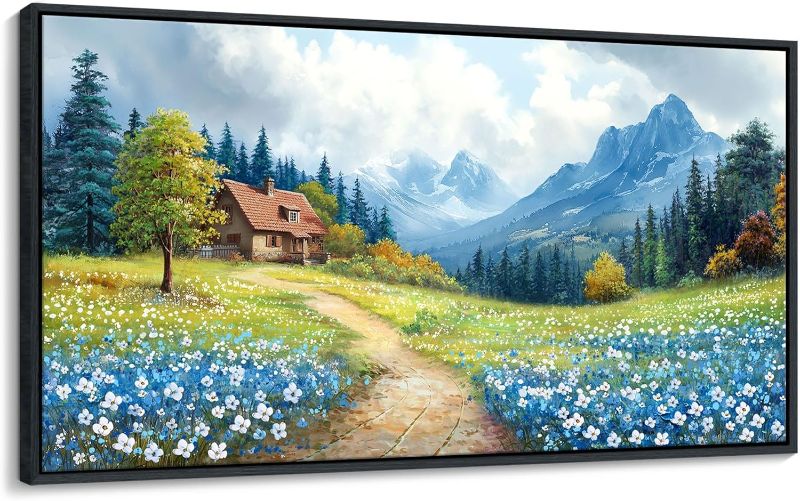 Photo 1 of CHATYOUNG Framed Wall Art Landscape Paintings, Blue Misty Mountains Rustic Canvas Prints Farmhouse Cottage Wall Pictures Large 24"X48" for Living Room Bedroom Bathroom Home Decor Moving Gift