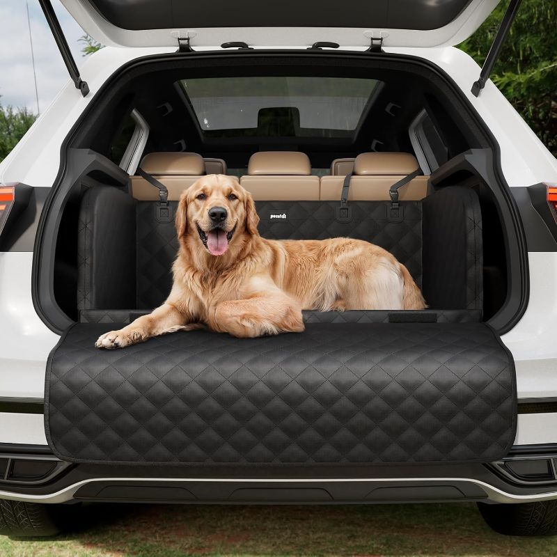 Photo 1 of Pecute SUV Cargo Liner for Dogs, Water Resistan Pet Trunk Cover with Soft Cushion, Non-Slip Dog Back Seat Mat for SUVs Sedans with Bumper Flap Protector, Padded, Black

