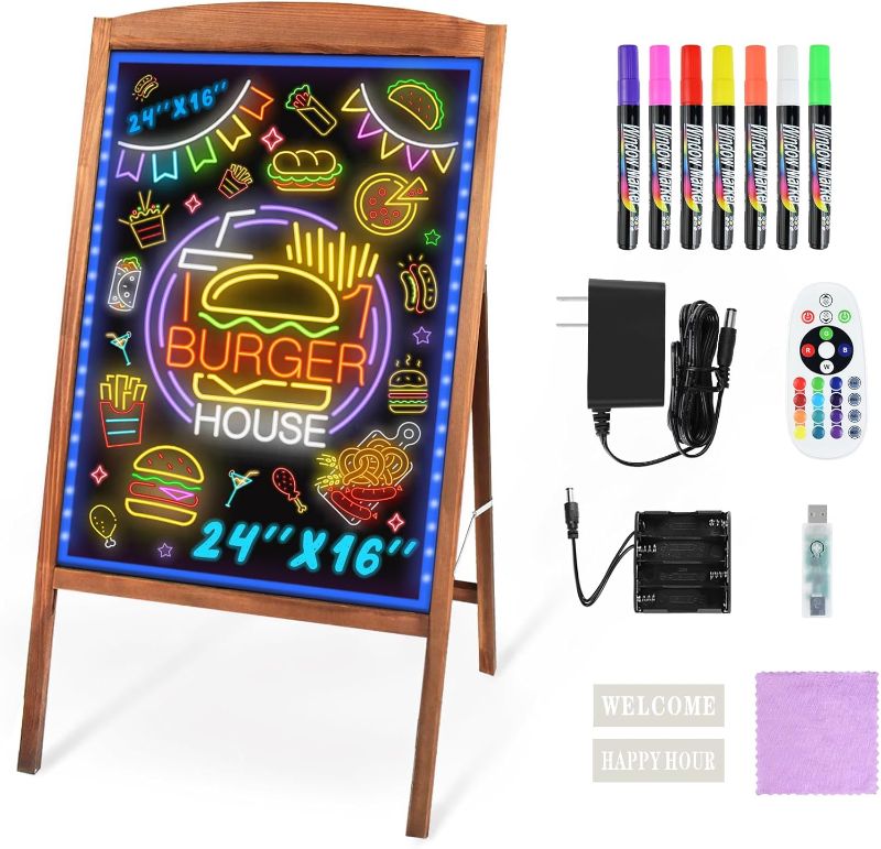 Photo 1 of Hosim LED Message Writing Board 24"x16", Standing A-Frame Wooden Message Board Illuminated Erasable Neon Effect Restaurant Menu Sign, 8 Colors Markers, Flashing DIY Message Chalkboard for Shop/Cafe
