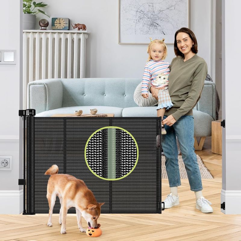 Photo 1 of Reinforced 55" Wide Retractable Baby Gates with Reinforced Strips Retractable Dog Gate for the House Prevents Bottom Drilling Through Kid/Pet Mesh Baby Gate for Stairs Puppy Gates for the House, Black
