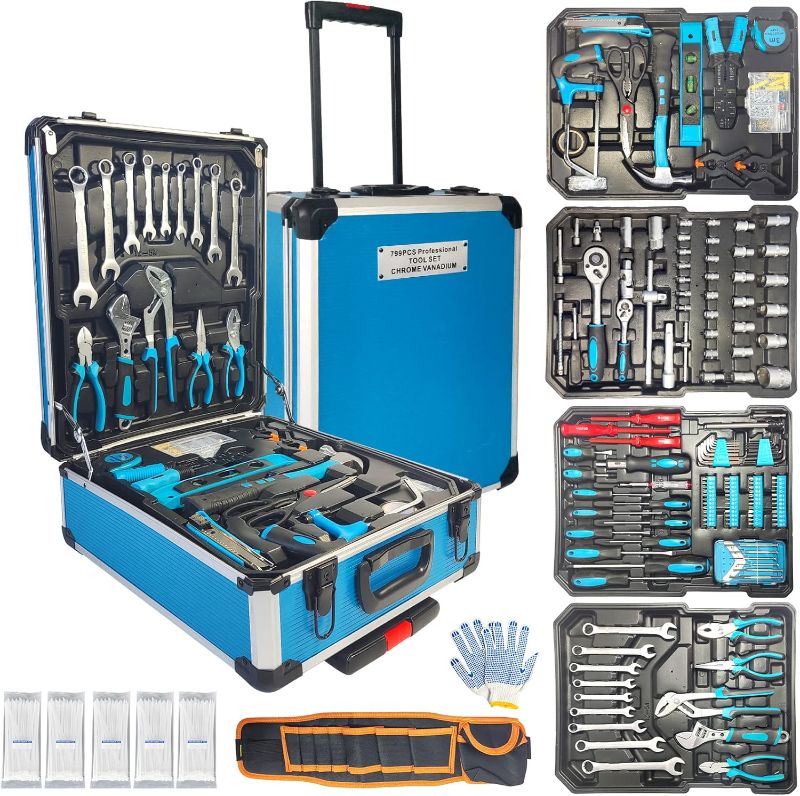 Photo 1 of Arcwares 799pcs Aluminum Trolley Case Tool Set Silver, House Repair Kit Set, Household Hand Tool Set, with Tool Belt