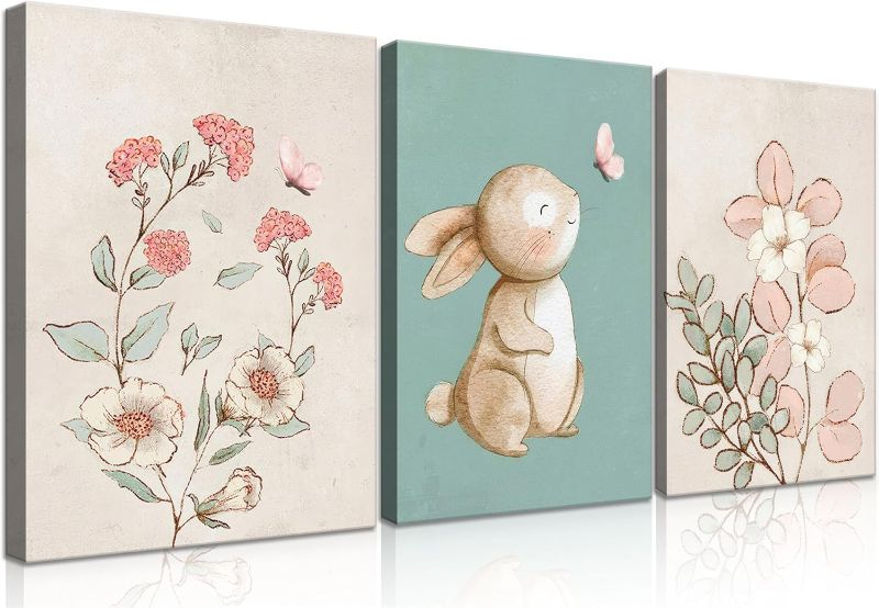 Photo 1 of Generic Framed Nursery Bunny Wall Art Cute Bunny Botanical Flowers Wall Decor Pink Green Nursery Pictures Posters Girl Bedroom Canvas Prints gifts for Baby Boys and Girls Playroom paintings(16x24in)
