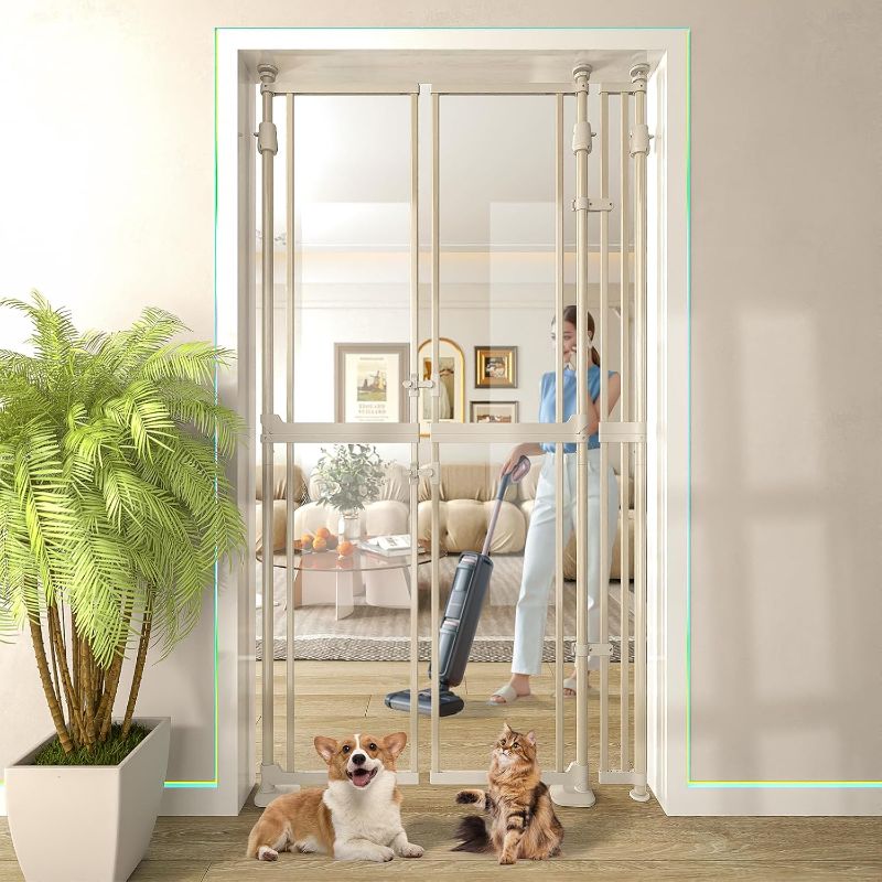 Photo 1 of 74" High Extra Tall Cat Gate,33.85-42" Wide Opening.Auto Closing and No Drilling Pressure Mount Design,Tall Dog Gates for Doorway, Stairs, House, Innovation Double Opening Pet Gate,Transparent,White
