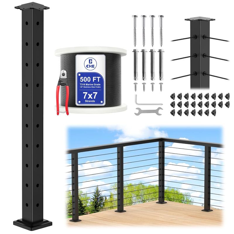 Photo 1 of CKE 36" Cable Railing Corner Post(Post 35"x2"x2"), L-Drilled Corner Post with Flat Top Mount, Stainless Steel Black Finish 90° Drilled Corner Post with Cable Grommets for Indoor Outdoor, CP02
