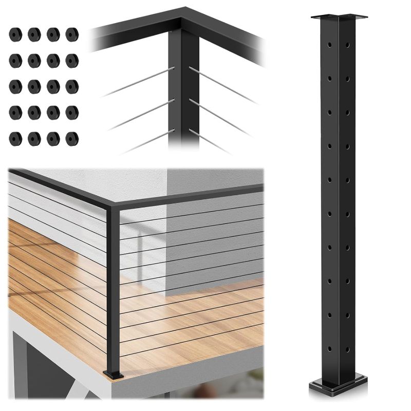 Photo 1 of Corner Post Cable Railing 36" (35"x2"x2"), 90 Drilled Fixed Top Mount With Flat Cable Grommets, Stainless Steel Handrail, Black Finish Flat Top L-drilled Deck Post
