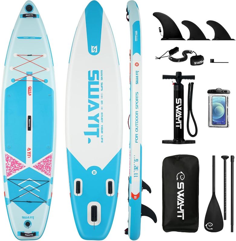 Photo 1 of Inflatable Stand Up Paddle Board – Durable SUP with Adjustable Paddle,Dual Action Pump, Carry Bag, Ankle Leash, Non-Slip EVA Deck – All Skill Levels
