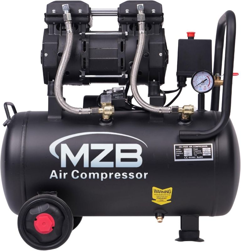 Photo 1 of MZB 6.4 Gallon Ultra Quiet Air Compressor 110V/60Hz 1.5HP 7.41CFM MAX 115PSI Steel Tanks Oil-Free 70dB Noise Level Air Compressor with Wheels for Spray Painting, Auto Repair, Carpentry Decoration
