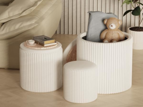 Photo 1 of Round Set of 3 Ottoman with Storage-Upholstered Velvet Vanity Stool for Makeup Multifunctional Ottomans Coffee Table Padded Seat Foot Rest for Living Room&Bedroom?White?
