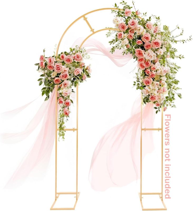 Photo 1 of GRENTY Open Arch Backdrop Stand,7.2 FT Metal Double Arch Backdrop Frame U Shaped Wedding Arches for Wedding Ceremony, Baby Shower, Birthday Party, Graduation Party, Photo Backdrops (Gold)

