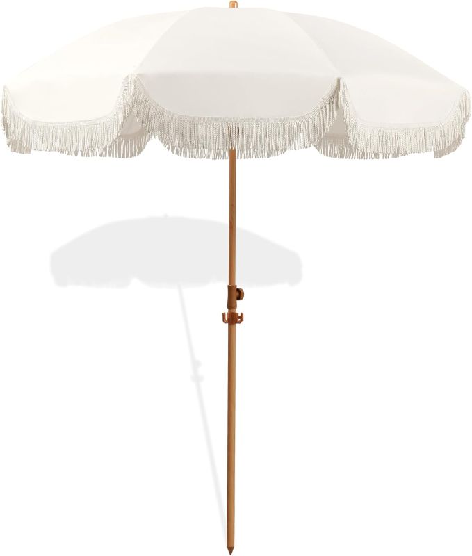 Photo 1 of 6.5ft Patio Umbrella with Fringe, Beach Umbrella, Fringe Umbrella Outdoor Patio with Hanging Hook, Tilting Aluminum Pole, UV 50+, Fiberglass Ribs, Elegant Cream
