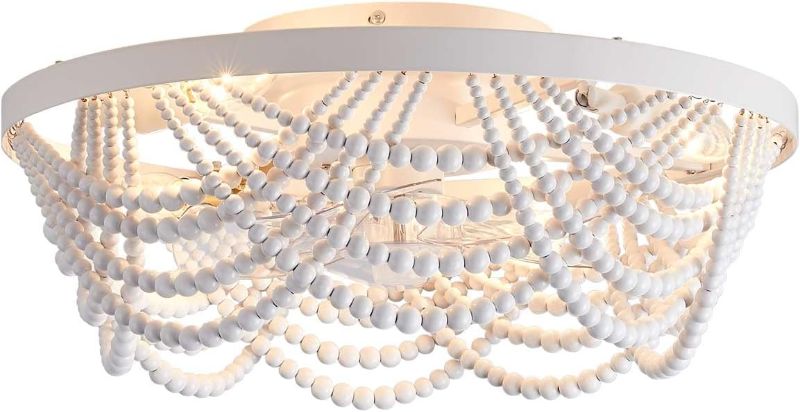 Photo 1 of Boho Ceiling Fan with Lights Flush Mount,20 Inch Bohemia White Wood Bead Close to Ceiling Fan Light, 4 Lights Low Profile Enclosed Ceiling Fans with Remote Control for Bedroom Living Room Kitchen
