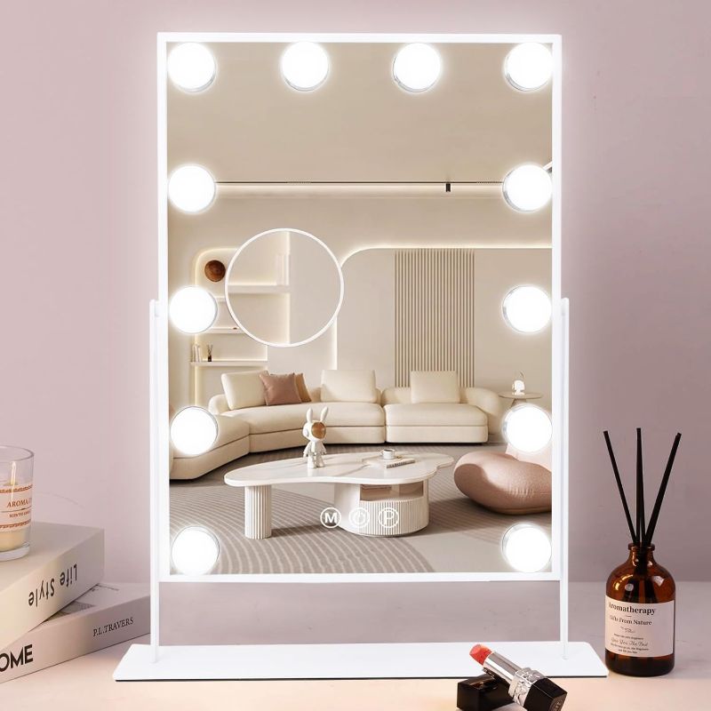 Photo 1 of COOLJEEN Makeup Mirror Vanity Mirror with Lights - 12 Led Bulbs Lighted Hollywood Mirror, 10X Magnification,3 Color Modes, Touch Control, Women Gift (White)
