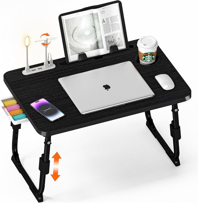 Photo 1 of Laptop Desk for Bed Height Adjustable, Lap Bed Table with USB/Storage Drawer/Cup Holder/Tablet Stand/Book Shelf, Foldable Breakfast Tray Portable for Reading Writing, Sofa & Floor, Black

