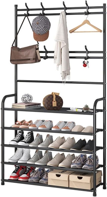 Photo 1 of Entryway Shoe Rack with Coat Rack 5 Tier Shoe Stand Orqanizer for Bedroom Dorm, Black