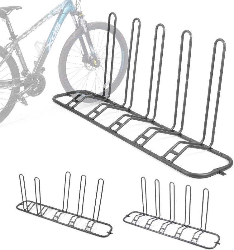 Photo 1 of XCSOURCE Bike Parking Stand, Bike Rack Bicycle Floor Parking Stand for 5 Bikes, Adjustable Dual Purposes Bike Storage Holder for Garage, 2 Extra Floor Anchor Brackets Available, Indoor & Outdoor
