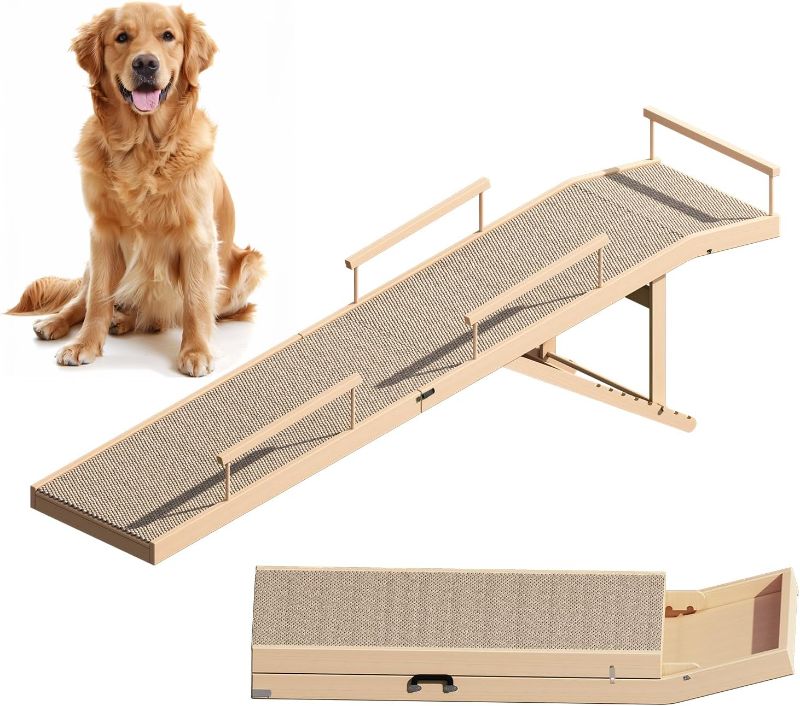 Photo 1 of Dog Ramp for Bed, Couch & Car – Adjustable Foldable Pet Ramp, 64.17" Long, 17.72" Wide, Non-Slip Surface with Safety Rails, 8 Heights 20.08"-28.35", Supports 220 lbs, Solid Wood