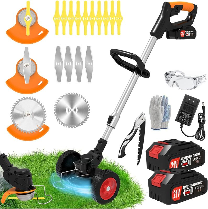 Photo 1 of Electric  Wacker Cordless Eater Battery Powered, 21V Lightweight No-String Weed Trimmer with 2 Battery Operated & Wheels, 3 in 1 Stringless Grass Trimmer/Edger/Brush Cutter for Garden Yard Lawn