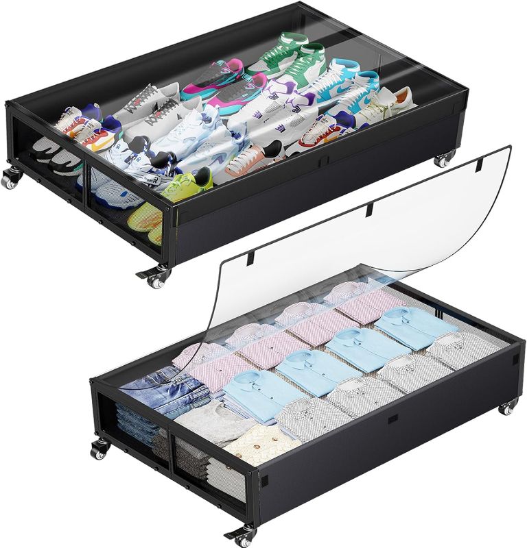 Photo 1 of Simple Trending Under Bed Storage with Wheels, 2 Pack XXXL 140L Large Capacity Storage Containers with Clear Lid, Metal Rolling Under Bed Drawers for Clothes, Shoes, Black
