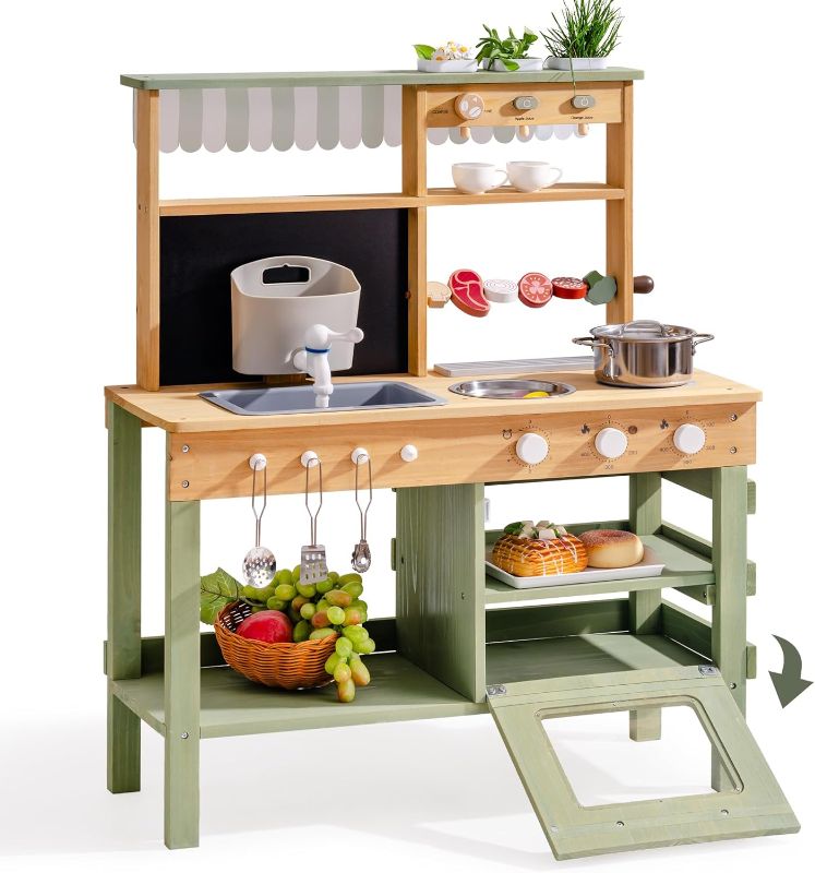 Photo 1 of ROBUD Mud Kitchen for Kids Outdoor, Solid Wood Outdoor Play Kitchen, Green Kids Mud Kitchen with Barbecue Grill? Removable Sink & Faucet, Monteeori Toys for Children Ages 3+, WH003
