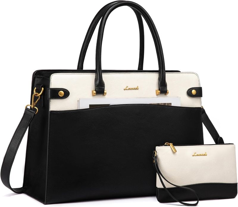 Photo 1 of LOVEVOOK Laptop Tote Bag For Women Work, Vintage Leather Computer Bags For Laptops For Women, Waterproof Laptop Bag Business Briefcase Office Large Shoulder Handbag Purse, 15.6 Inch, Black-Beige
