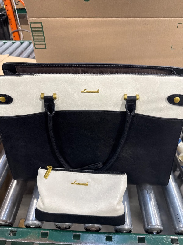 Photo 1 of LOVEVOOK Laptop Tote Bag For Women Work, Vintage Leather Computer Bags For Laptops For Women, Waterproof Laptop Bag Business Briefcase Office Large Shoulder Handbag Purse, 15.6 Inch, Black-Beige
