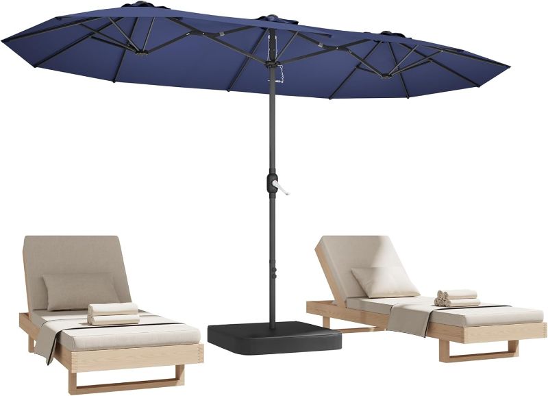 Photo 1 of 15ft Patio Umbrella with Base,Large Outdoor Double-Sided Rectangle Umbrella with Crank Handle, Market Umbrella for Poolside Garden Deck Backyard Beach Pools, Blue
