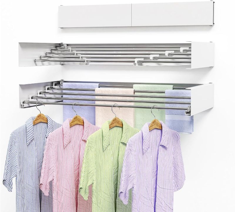 Photo 1 of Wall Mounted Clothes Drying Rack 40 Inch, Foldable Wall Mount Laundry Rack Folding Indoor, Clothing Drying Rack Collapsible, Hidden Space Saver with Wall Template, 5 Rods, 60 lb Capacity (White)

