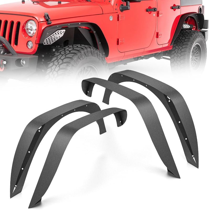 Photo 1 of for JK 4-Piece Flat Style Front and Rear Fender Flares Kit Compatible with 2007-2018 Jeep Wrangler JK JKU Unlimited (2/4 Doors) Off-Road Heavy Duty Steel Wheel Fenders Combo, Textured Black
