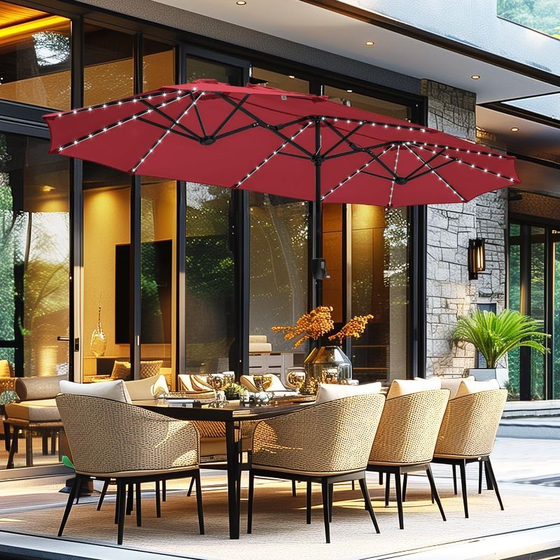 Photo 1 of GREEN PARTY 13 ft Rectangle Patio Umbrella with Solar Lights, Double-Sided Market Table Umbrella with Crank, Large Outdoor Umbrellas for Patio Poolside Garden Backyard, Burgundy Red	