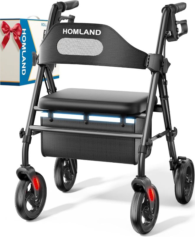 Photo 1 of Foldable Rollator Walkers with Seat for Seniors, 8'' Big Wheels, 350 lb. Weight Capacity, Adjustable Handles and Seat Height, Lightweight Rolling Walker, Black
