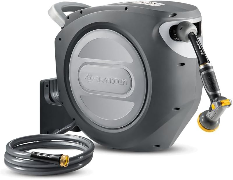 Photo 1 of Retractable Garden Hose Reel 5/8 in x 100 ft Upgraded UV Resistant Heavy Duty Automatic Hose Reel Wall Mount 3/4 in Brass Fitting 9 Pattern Nozzle Any Length Lock Slow Retraction
