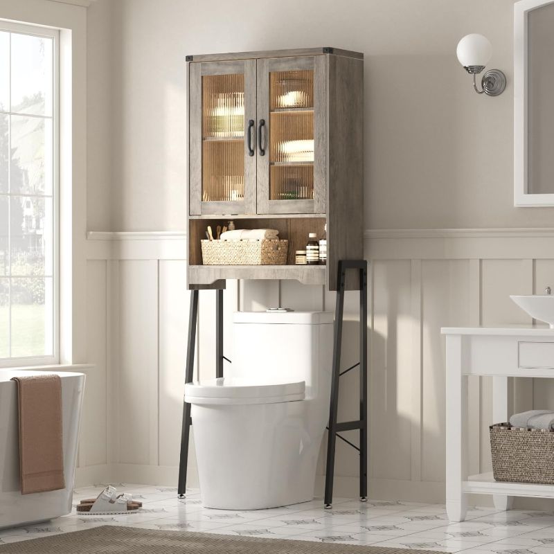 Photo 1 of Over The Toilet Storage Cabinet with Tempered Glass Doors and Adjustable Shelf, Bathroom Organizer with Metal Stand Space Saver Over Toilet , Modern Toilet Rack for Bathroom, Restroom, Laundry, Grey
