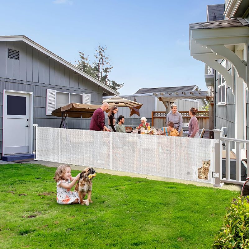 Photo 1 of Reinforced 150” Extra Wide Pet Gate with Door 33 Inch Tall Retractable Dog Gates for Doorways Extra Wide Baby Gates for Large Openings with Reinforced Strips 12.5ft Large Dog Gate with Cat Door, White
