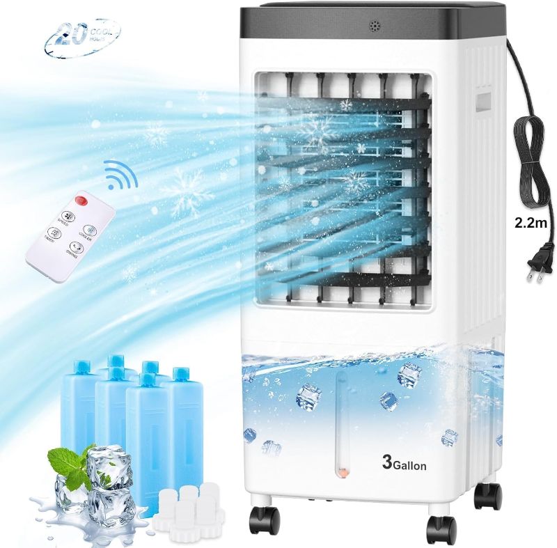 Photo 1 of Evaporative Air Cooler, Swamp Cooler with 3 Gal Water Tank, 20H Cooling Time Swamp Cooler Air Conditioner, 80°oscillation,Portable Cooling Fan for Office/Room/Garage/Kitchen(Include 6 Ice Packs)
