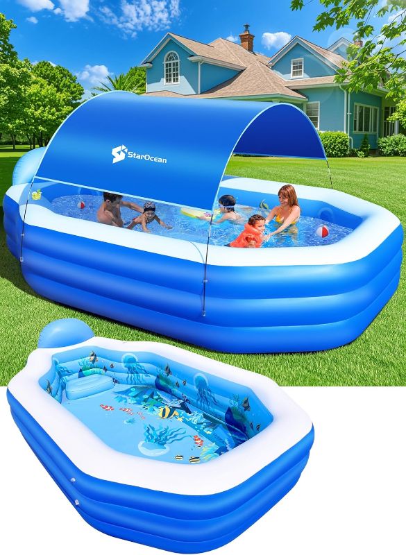 Photo 1 of StarOcean Inflatable Pool with Canopy, Large Inflatable Swimming Pool for Kids,Adult, Blowup Pools with Seats,Backrest.Durable Thickened Inflatable Family Pools for Backyard,Dark Blue-118"x75"x22"
